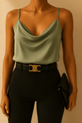 Top satinado escote cowl verde olivo
