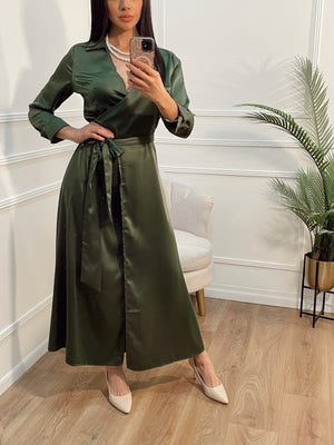 Vestido manga larga camisero verde olivo