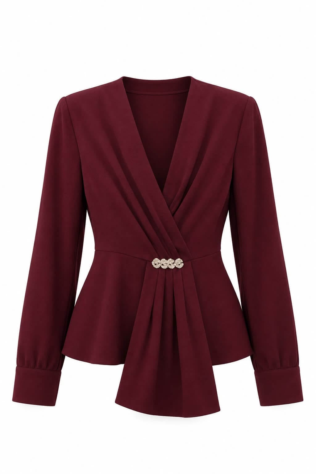 Blusa vino cruzada con pin plateado