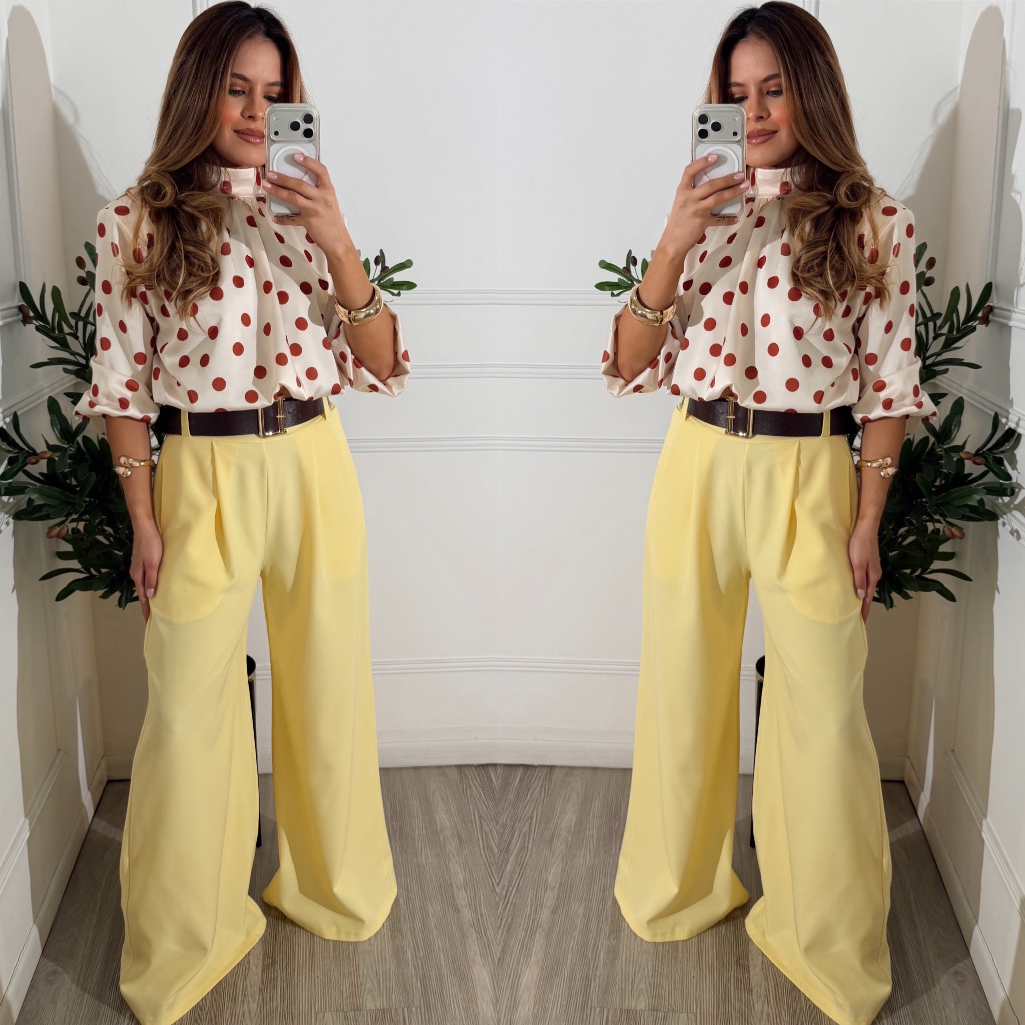 Blusa Beige con Lunares manga larga