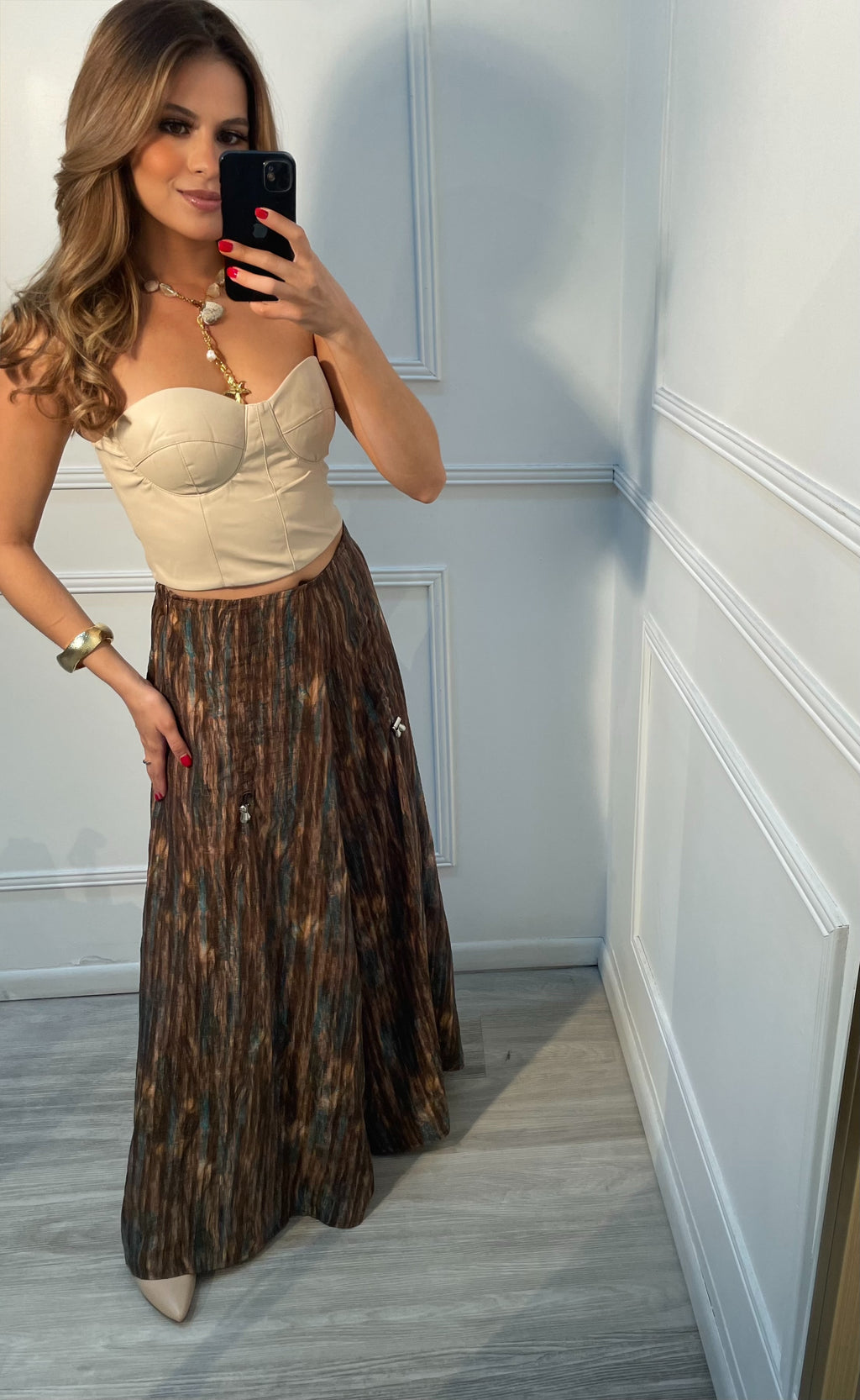 Falda boho café estampada