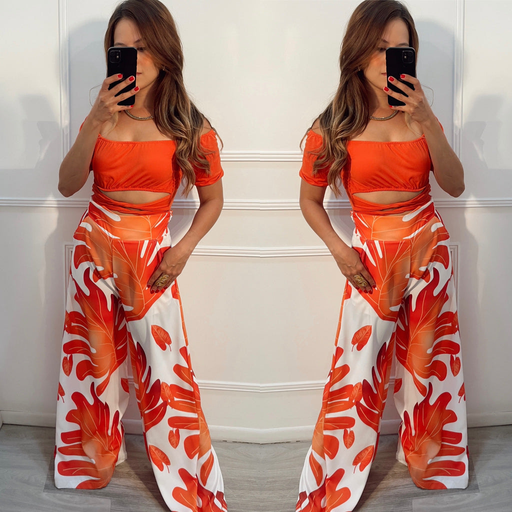 Set naranja palazzo estampado