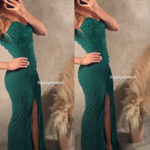 Vestido largo de perlas verde
