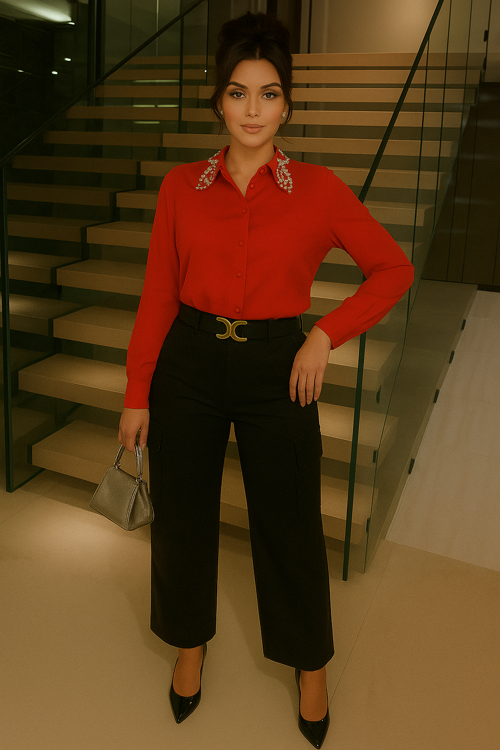 Blusa con pedrería en cuello roja