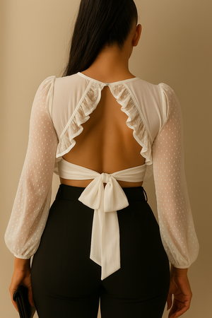Crop top blanco manga larga mesh