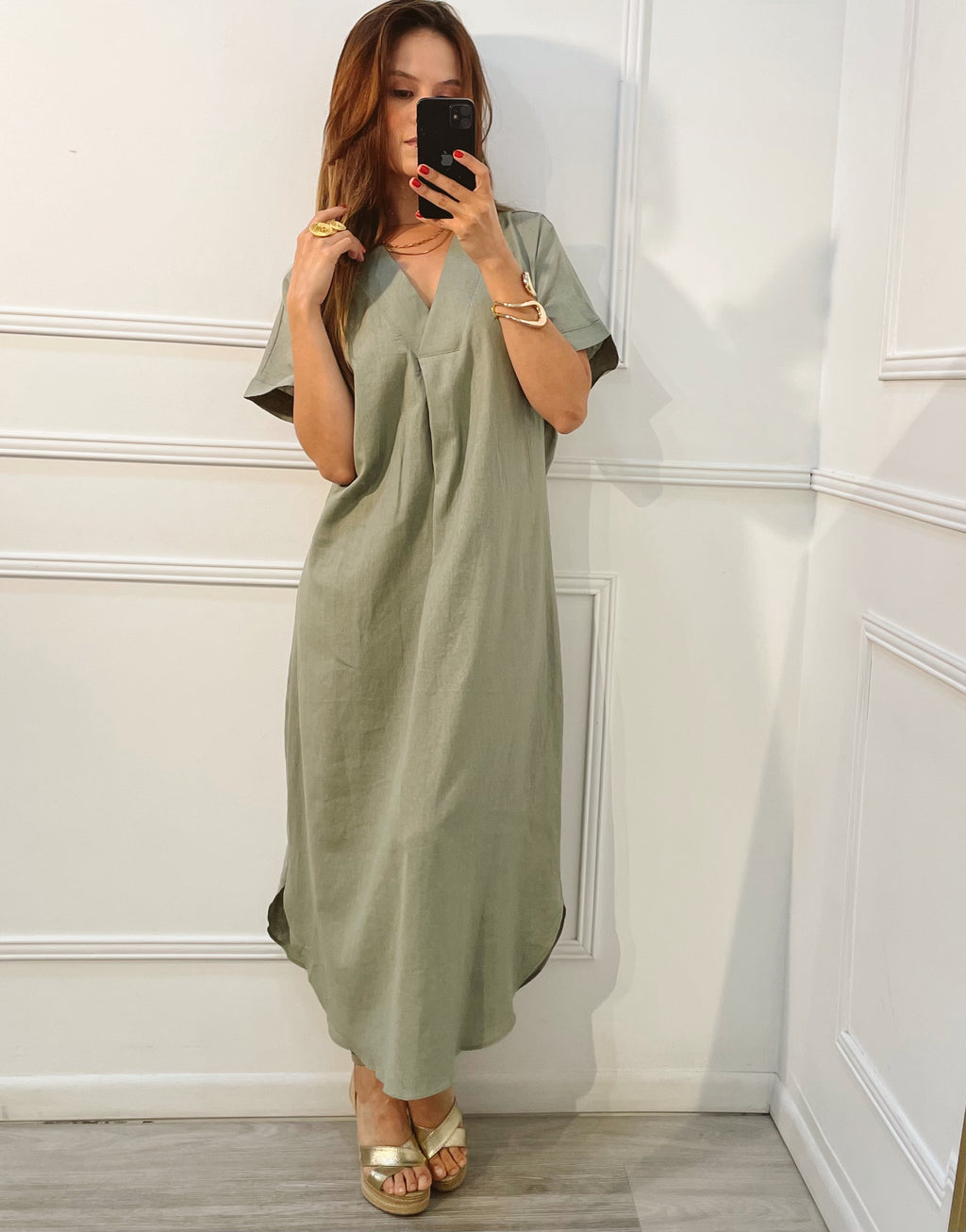 Vestido Verde Lino cuello V