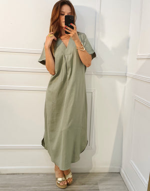 Vestido Verde Lino cuello V