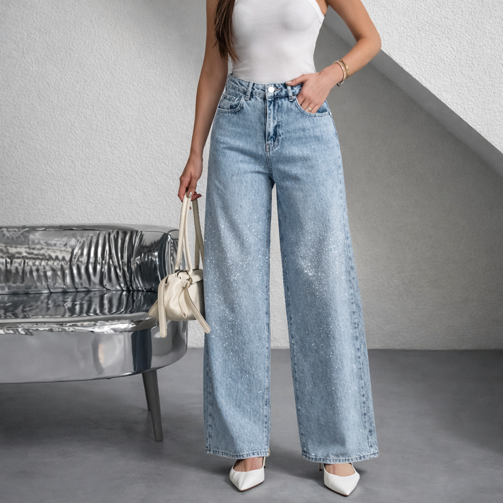Jeans wide leg celeste con brillo medio