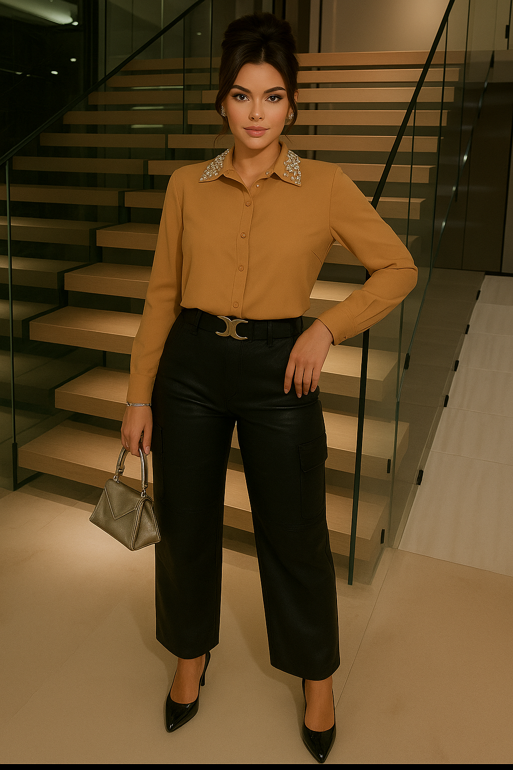 Blusa con pedrería en cuello beige