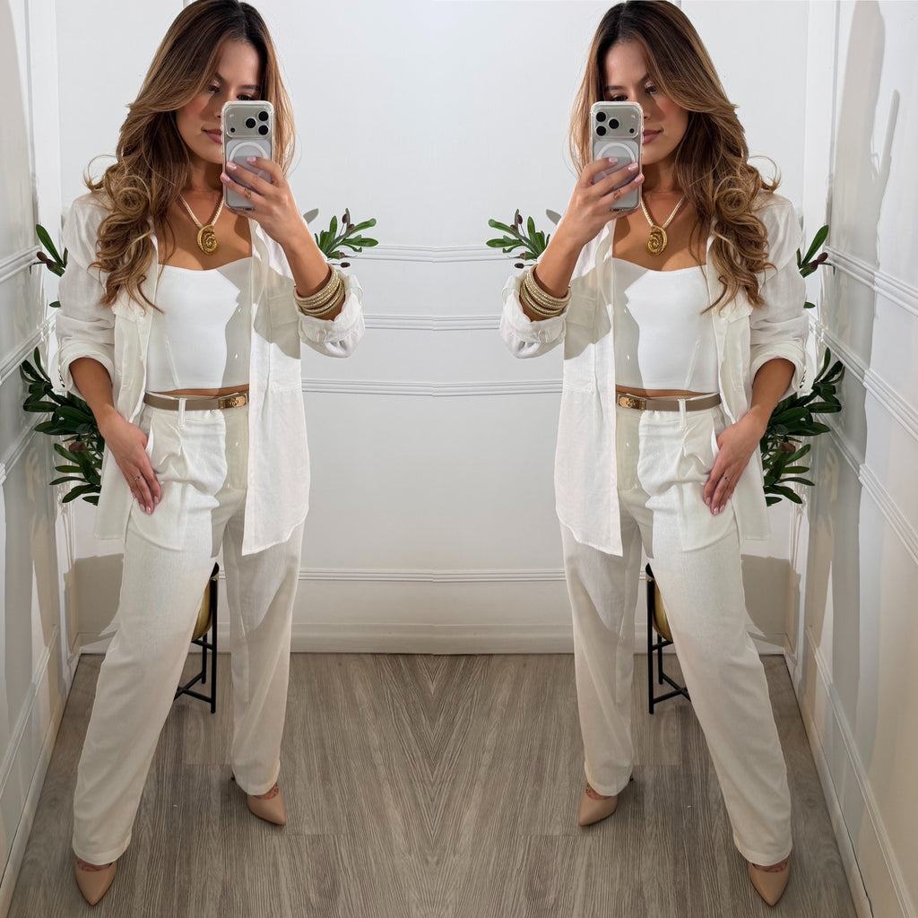 Blusa Blanca oversized con bolsas manga tres cuartos