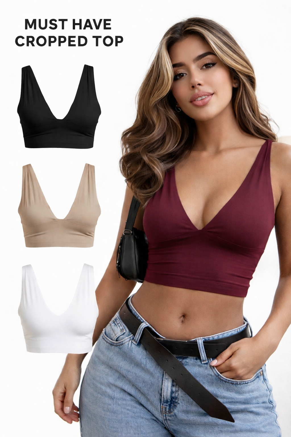 Top blanco cuello V corte laser