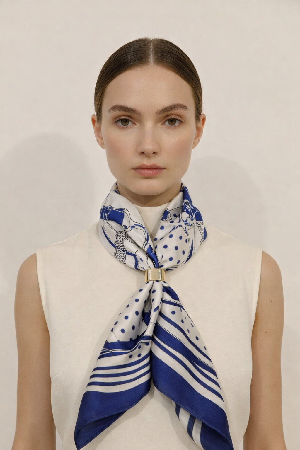 Bufanda Blanca con Azul rayas, puntos y cadenas