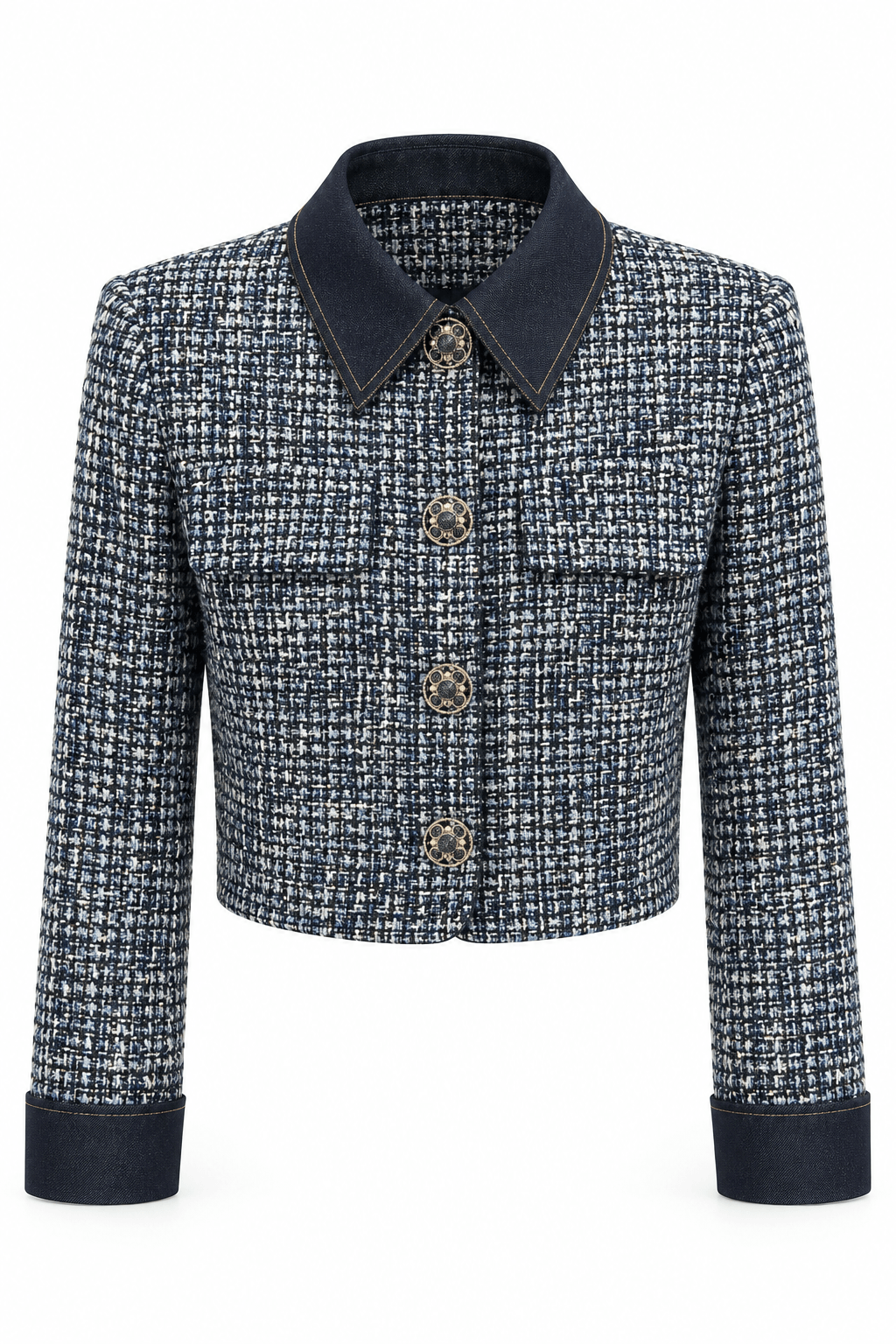 Blazer de tweed detalles denim