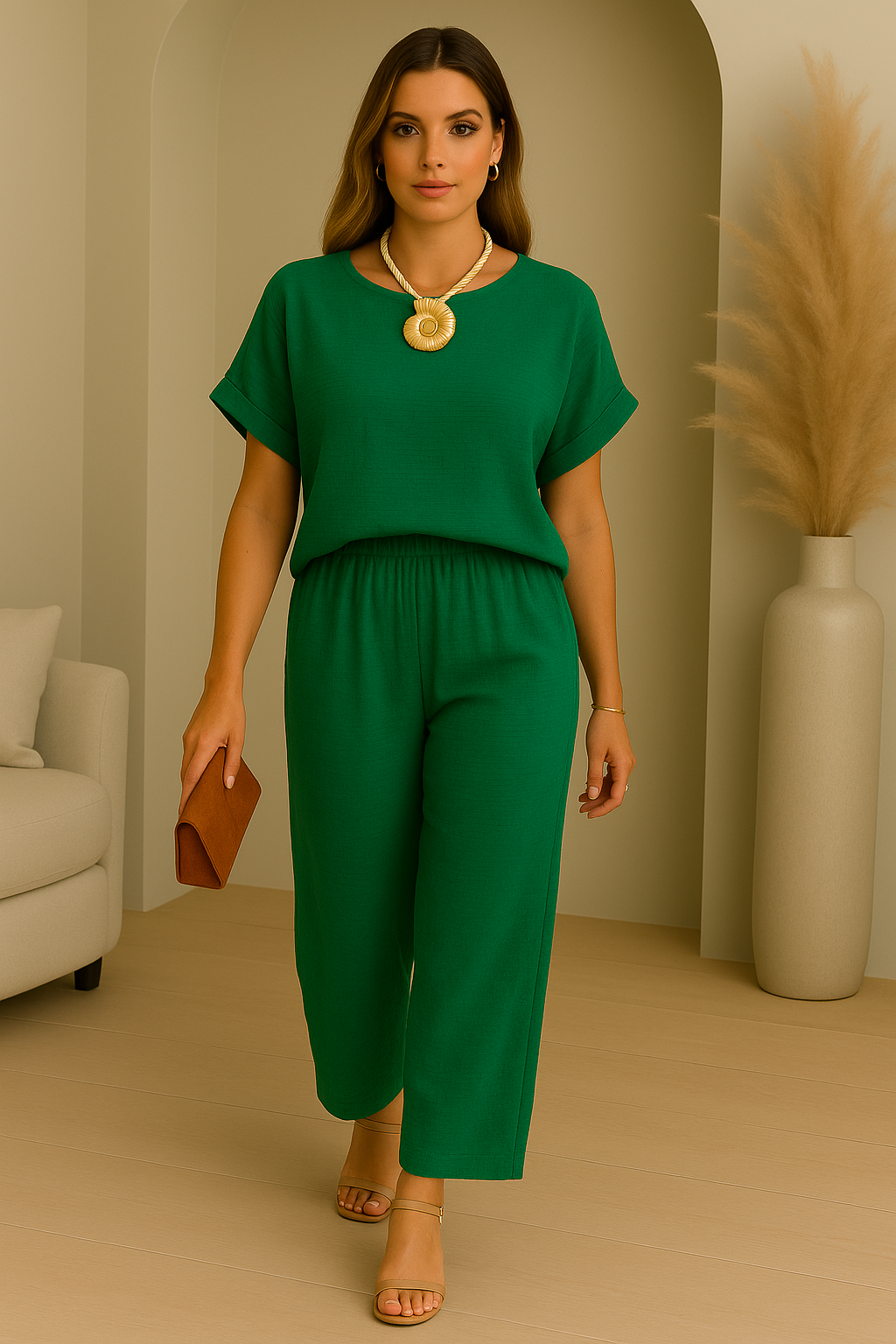Set de blusa  verde y pantalón manga corta