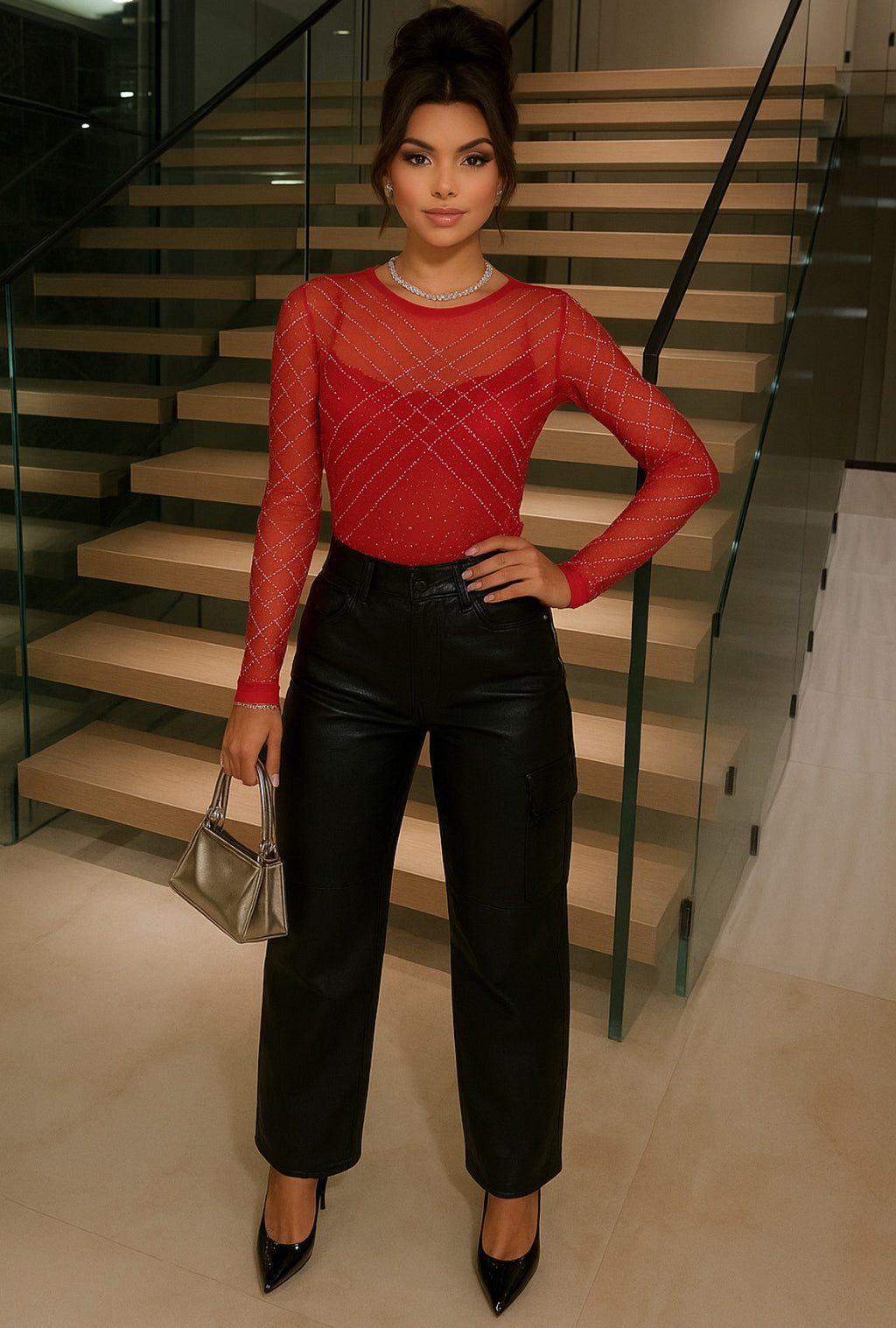 Blusa roja mesh-brillos