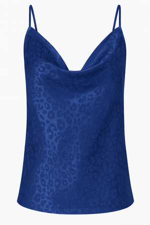 Blusa de tirantes cuello cowl azul estampado leopardo
