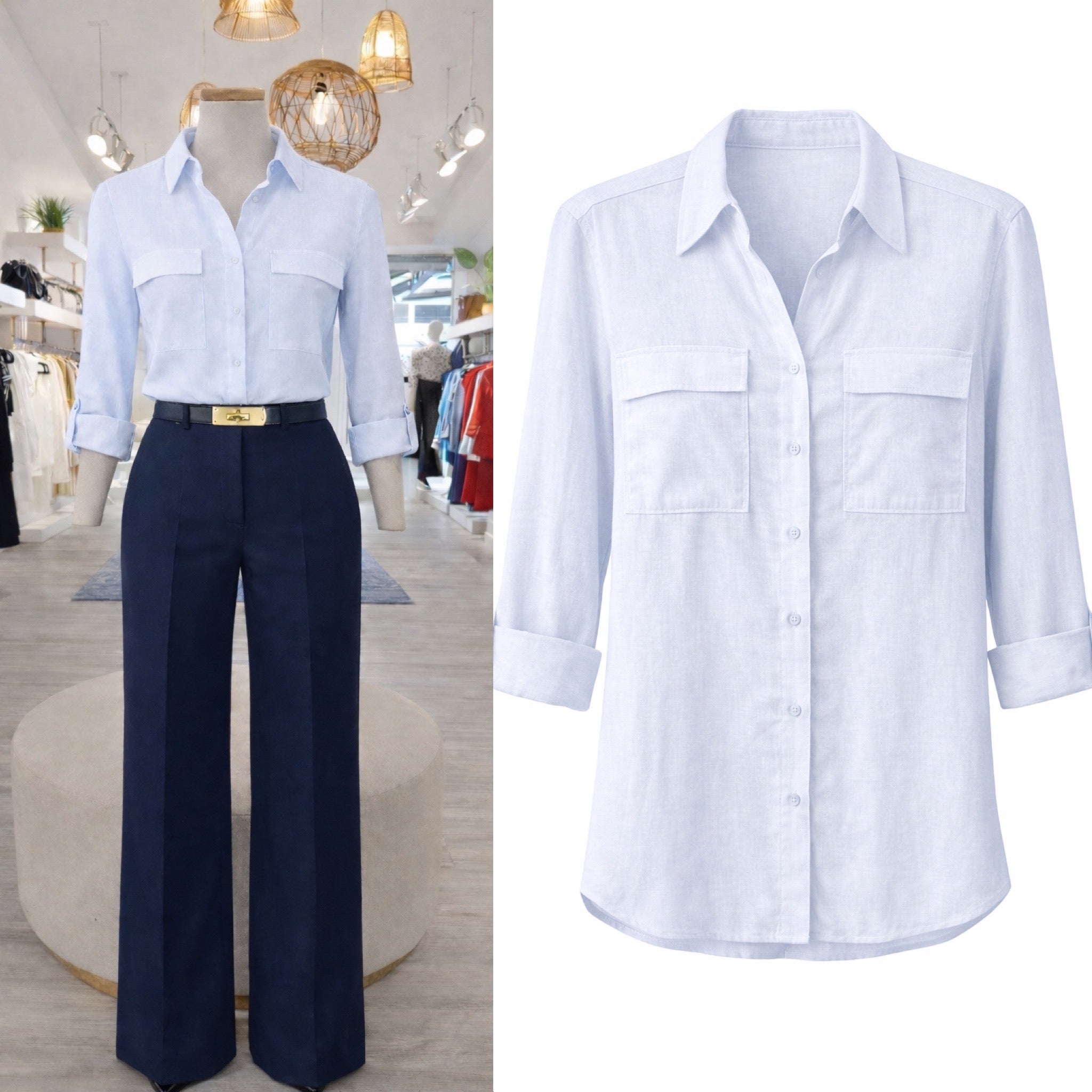 Blusa Celeste claro con bolsas manga tres cuartos