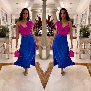 Falda satín con fajón azul rey