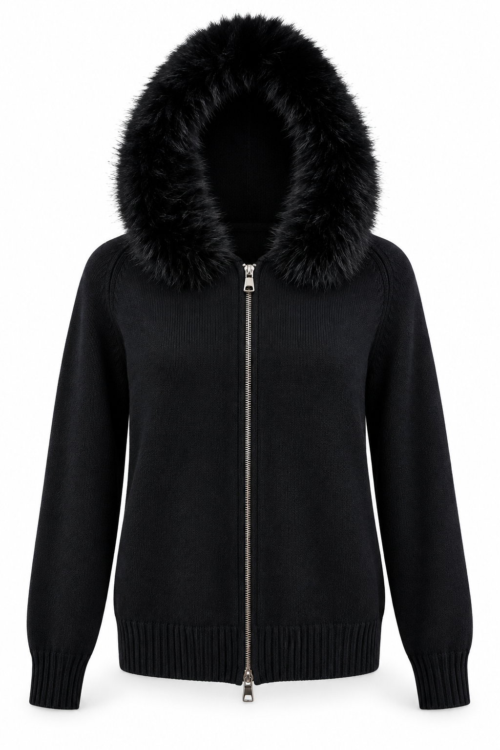 Sweater negro con gorro de peluche -Exclusivo online