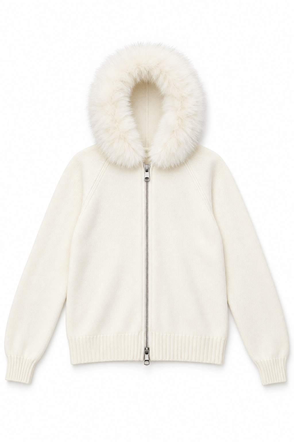 Sweater blanco marfil  con gorro de peluche -Exclusivo online