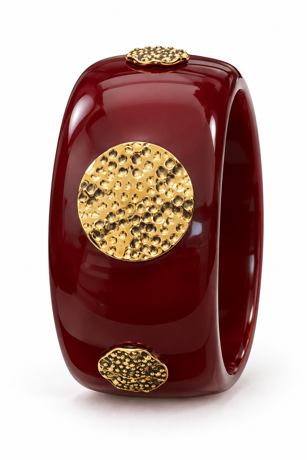 Brazalete vino de resina con 3 medallones dorados
