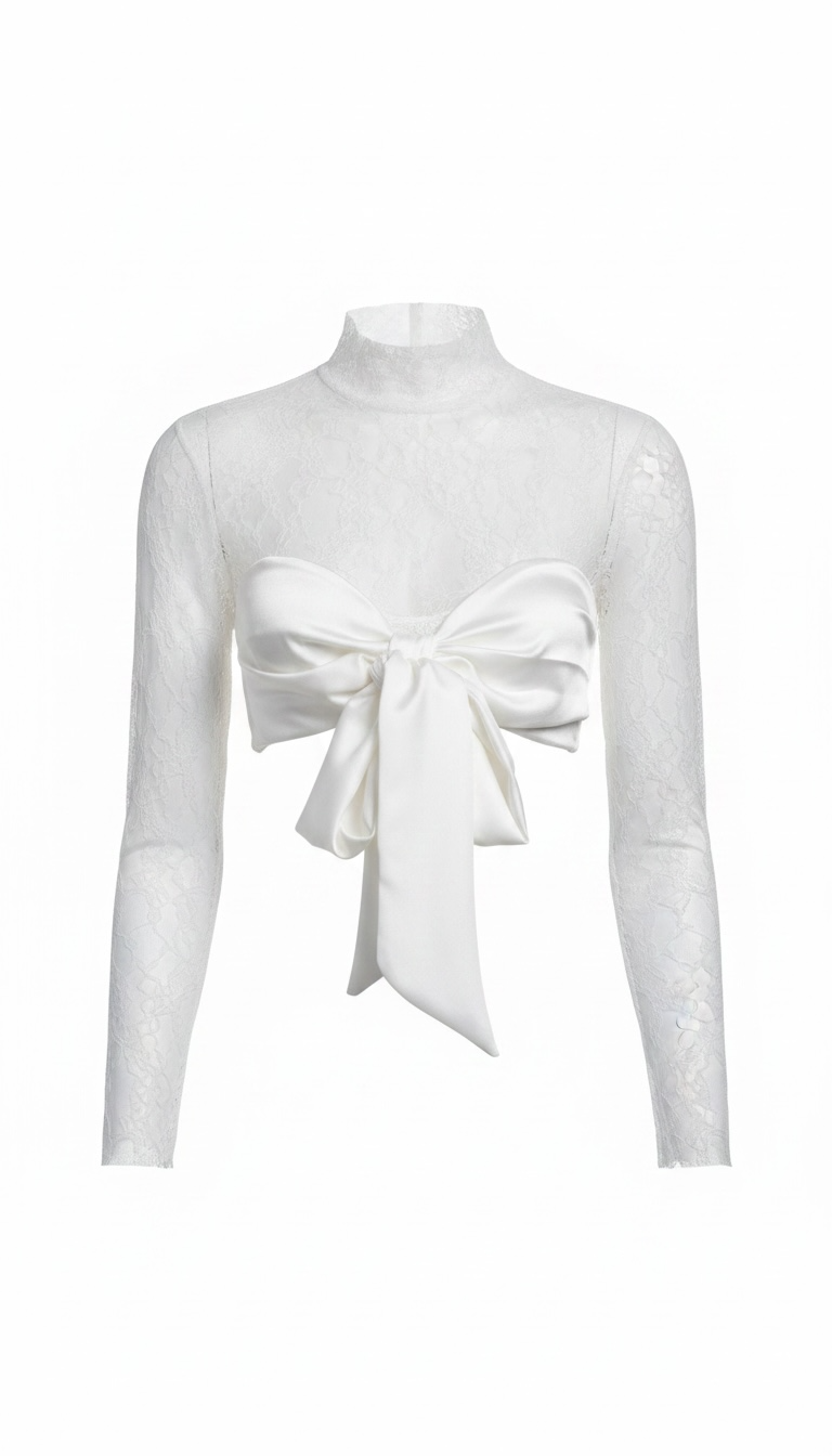 Blusa blanca con lazo y encaje