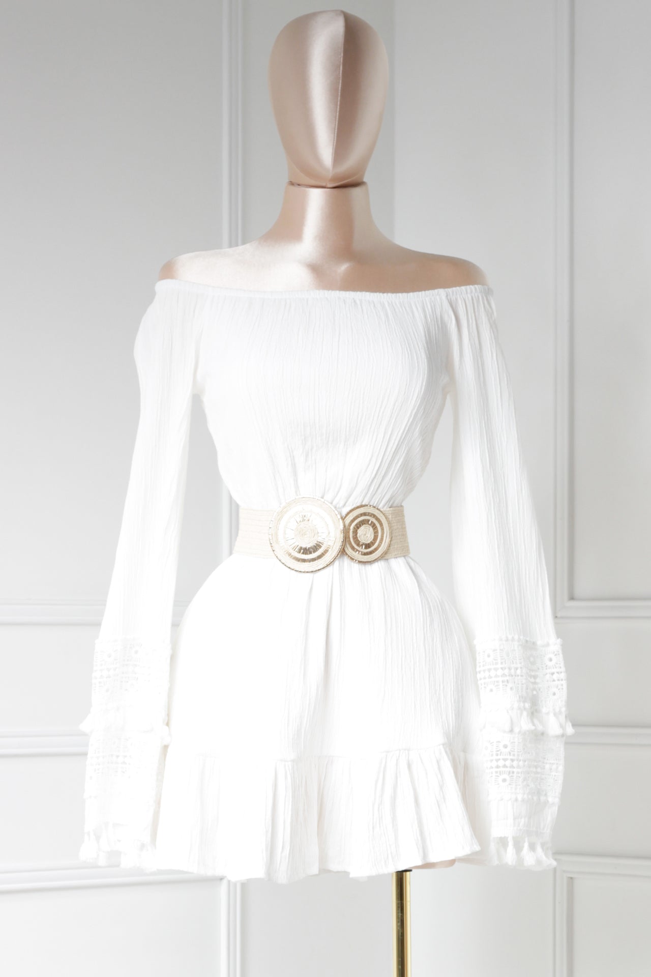 Vestido off shoulders manga tejida