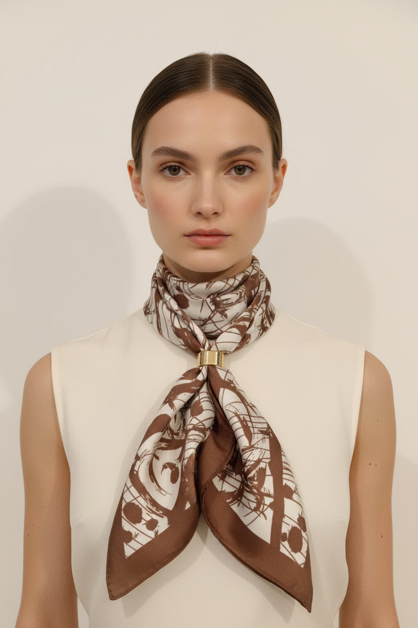 Pañuelo cuadrado satinado estampado beige con café