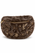 Bolso Café peludo pequeño con zipper y accesorios