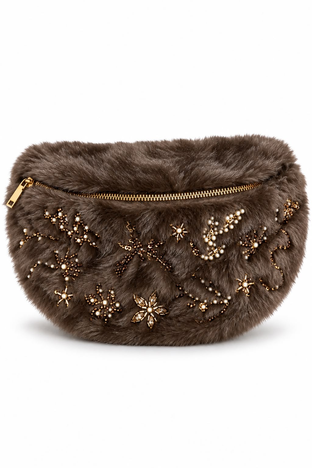 Bolso Café peludo pequeño con zipper y accesorios