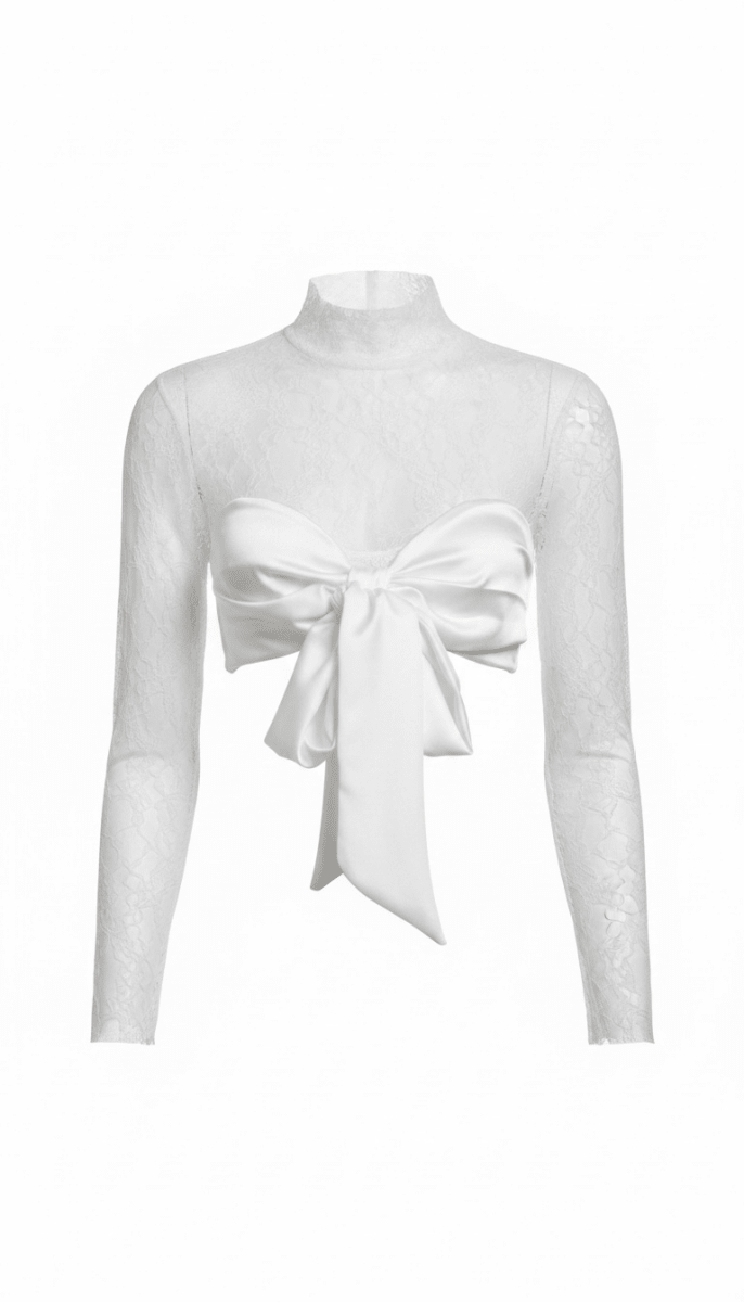 Blusa blanca con lazo y encaje - BL3150-BLS
