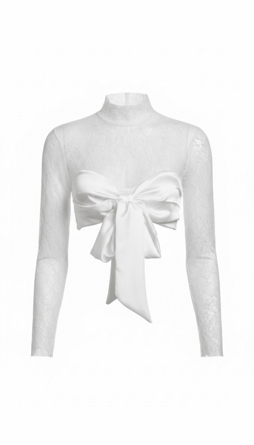 Blusa blanca con lazo y encaje - BL3150-BLS