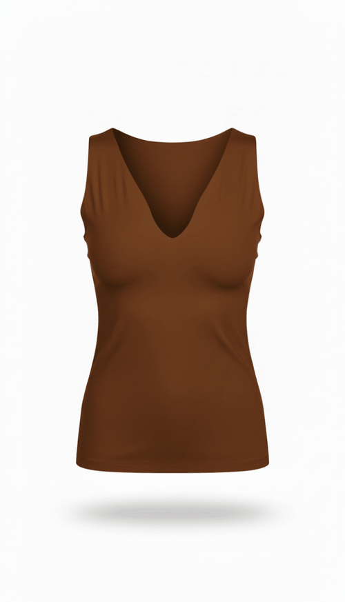 Blusa Café cuello V sin mangas - BL0803-CSM
