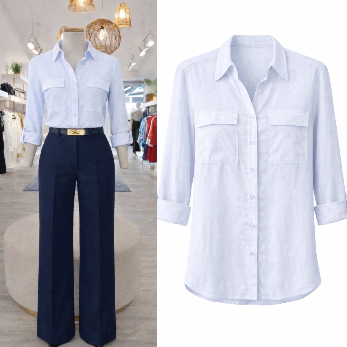 Blusa Celeste claro con bolsas manga tres cuartos - BL0394-AZS