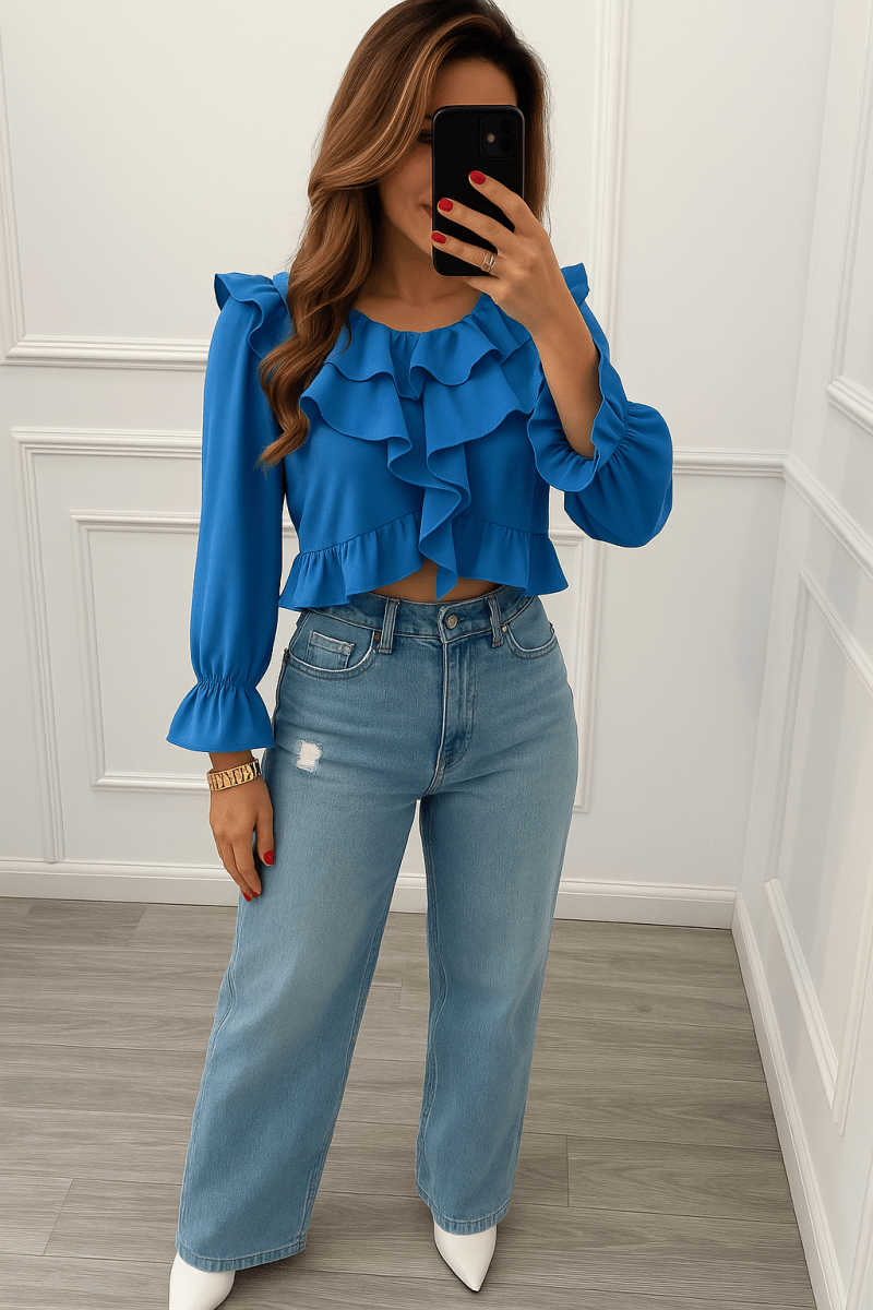 Blusa celeste con vuelos - BL0174-AZS