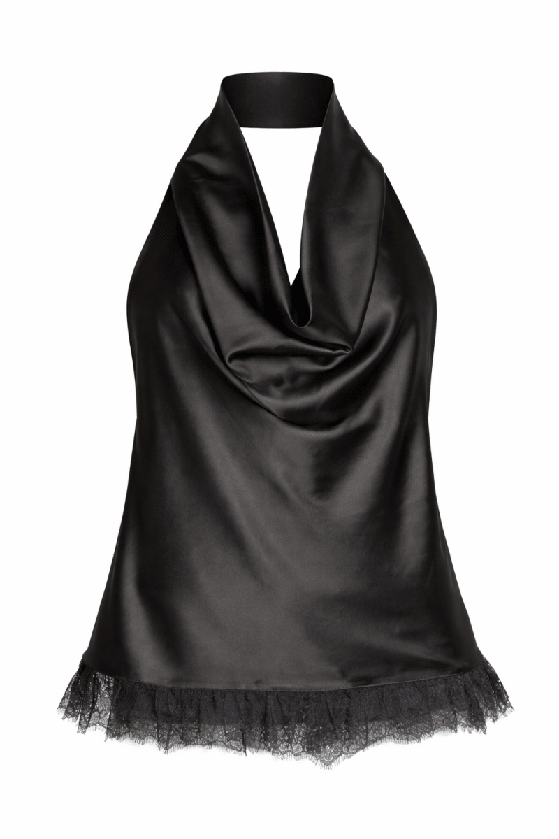 Blusa satén negra encaje - BL4156-S