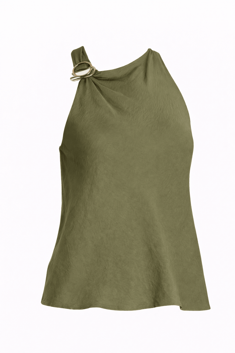 Blusa Verde Olivo sin manga cuello alto con accesorio - BL5588-VES