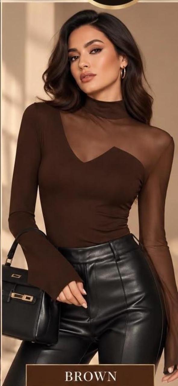 Blusa Café con manga Mesh