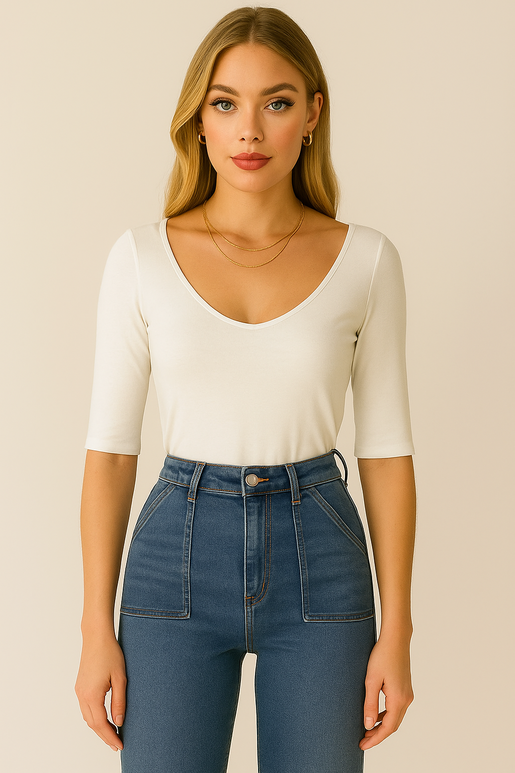 Blusa blanca básica manga tres cuartos