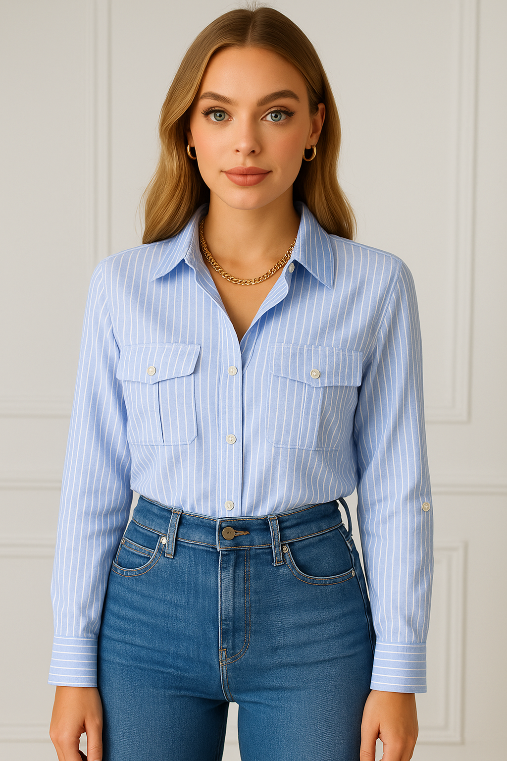 Blusa camisera de algodón celeste