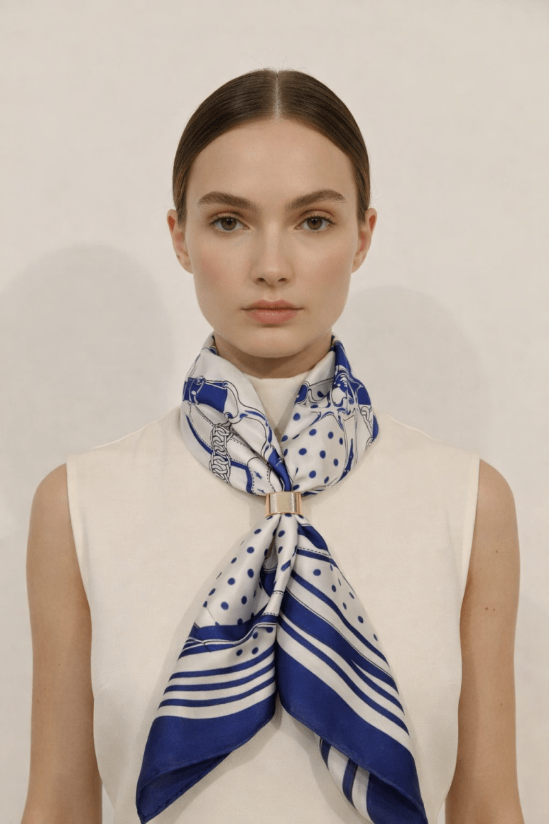 Bufanda Blanca con Azul rayas, puntos y cadenas - B716-BA
