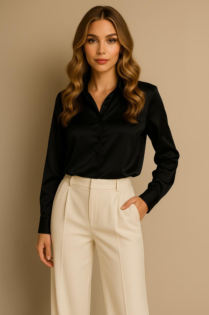 Blusa negra corta camisera satinada