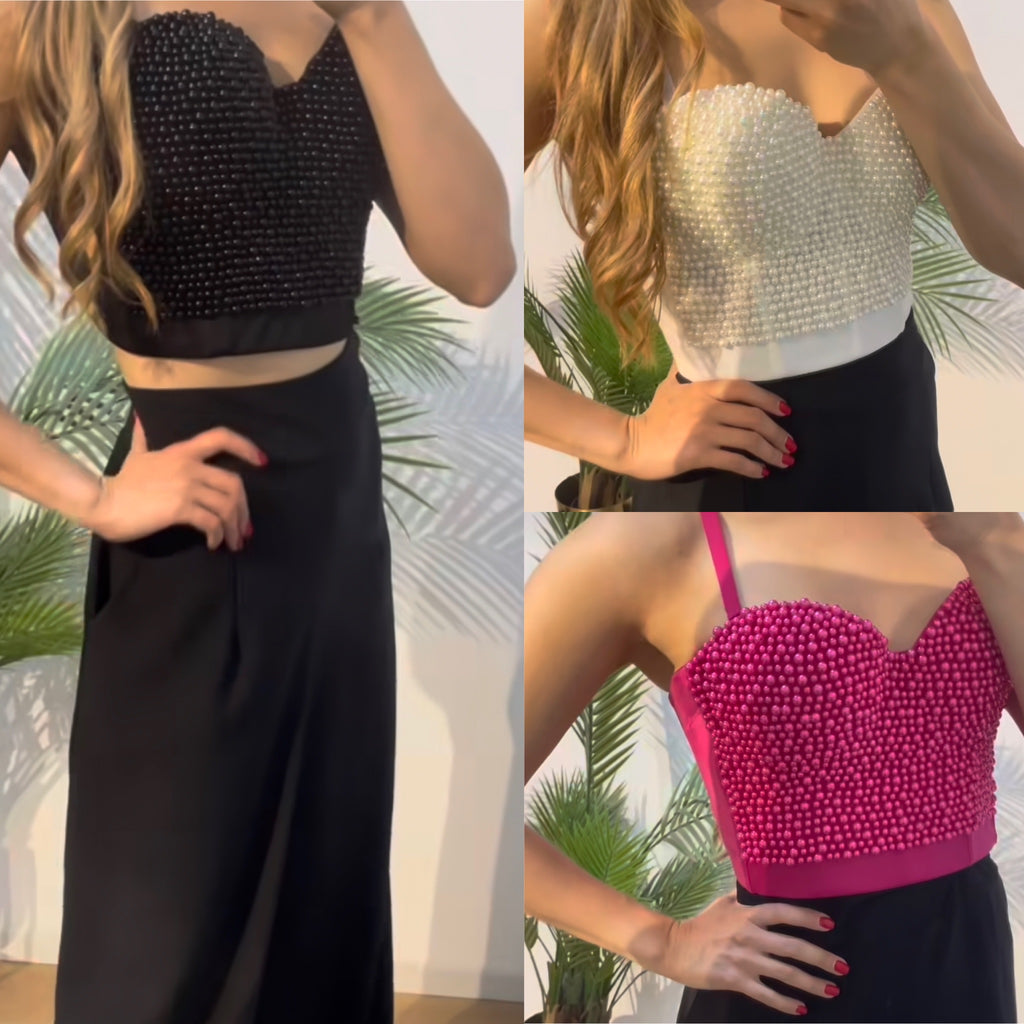 Bustier de perlas : NEGRO BLANCO Y FUCSIA