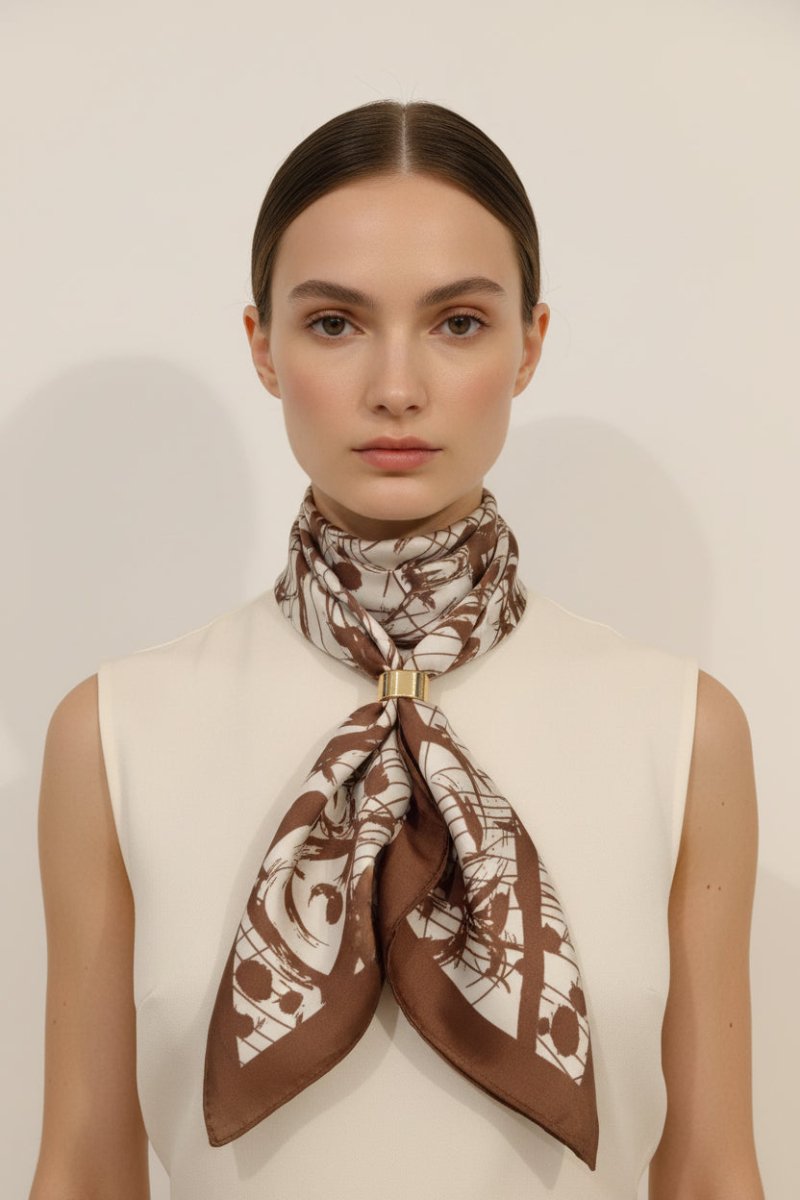 Pañuelo cuadrado satinado estampado beige con café - B716-BCT