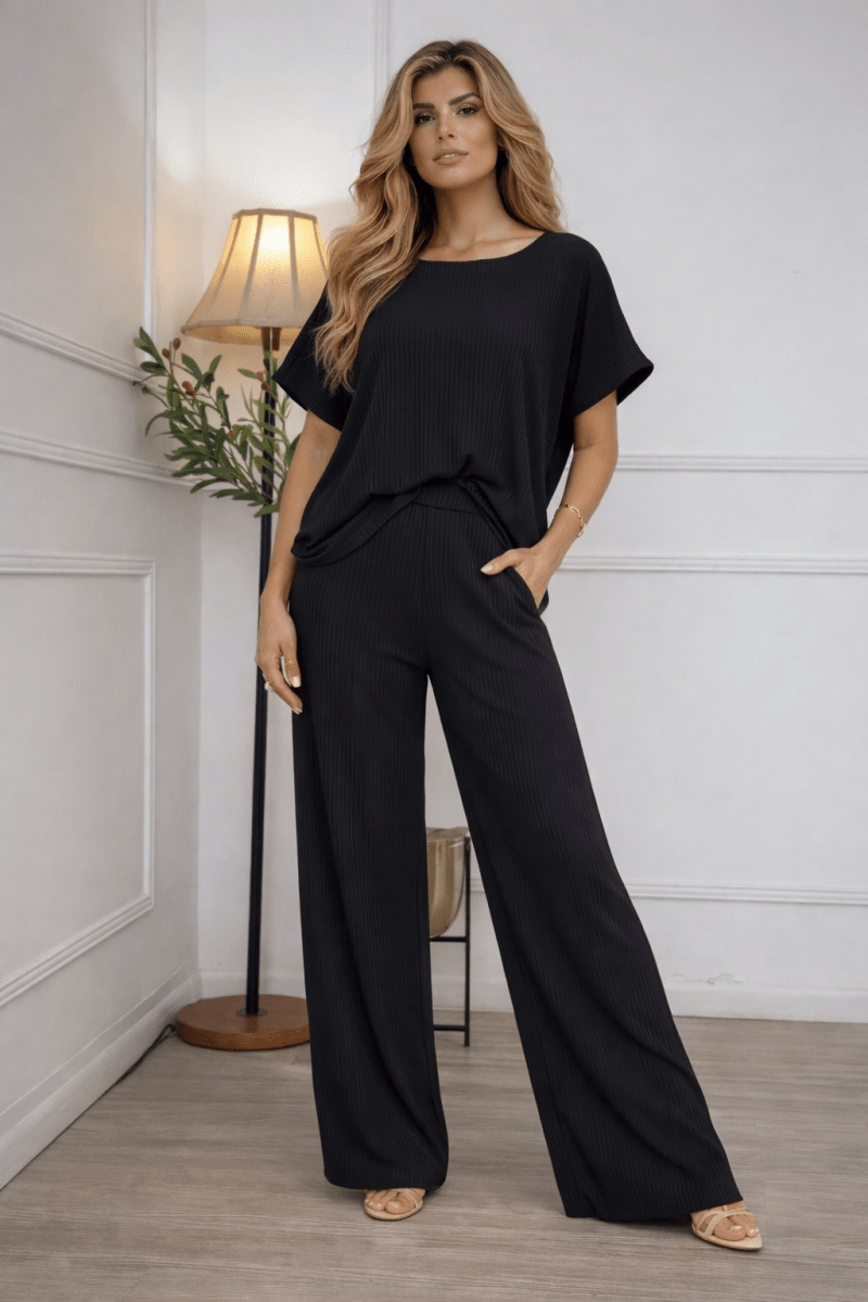 Set negro de blusa y pantalón punto rayado - SE3092-NES